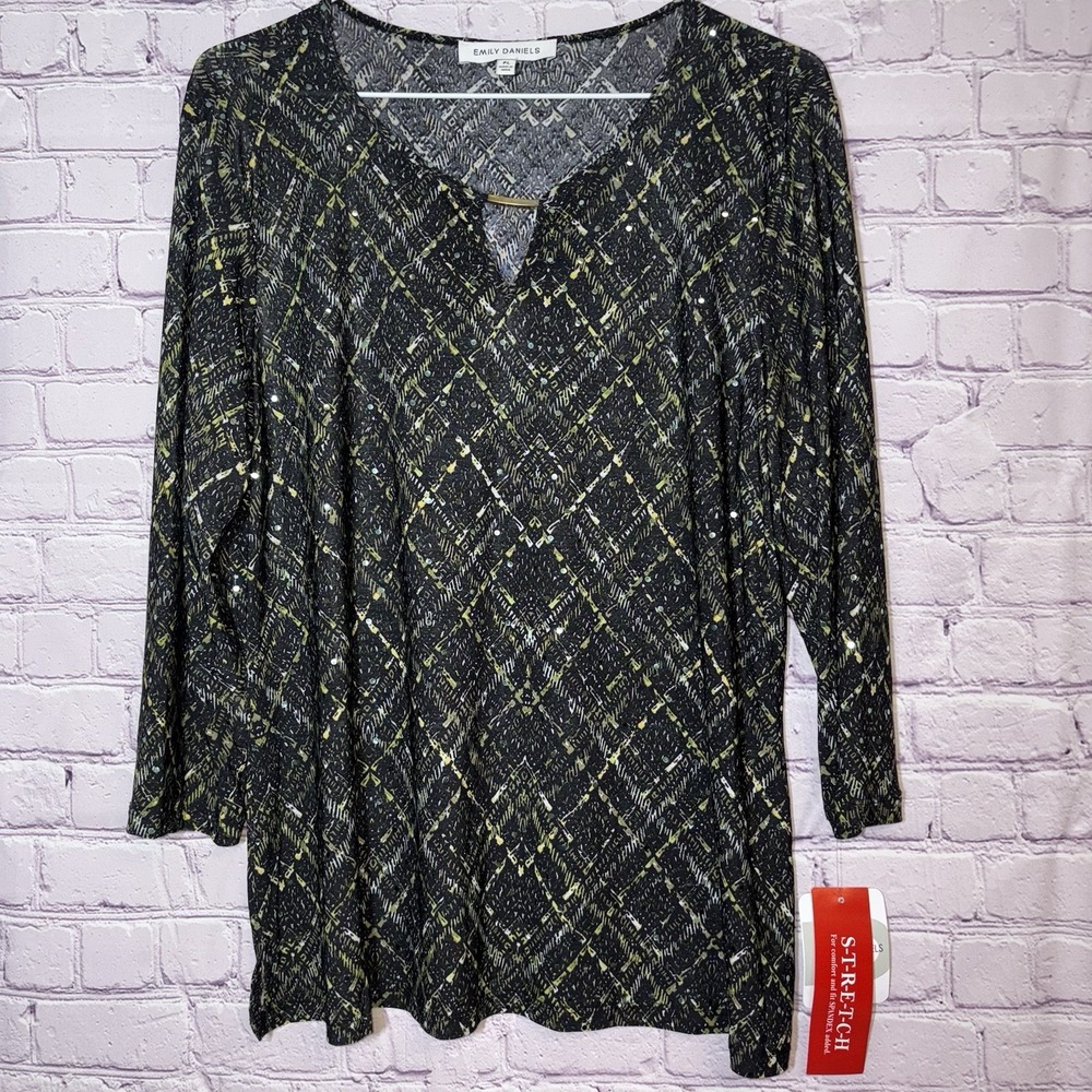 Women's Petite Lg Sparkly Geometric Plaid 3/4 Sleeve Notch Neckline Top